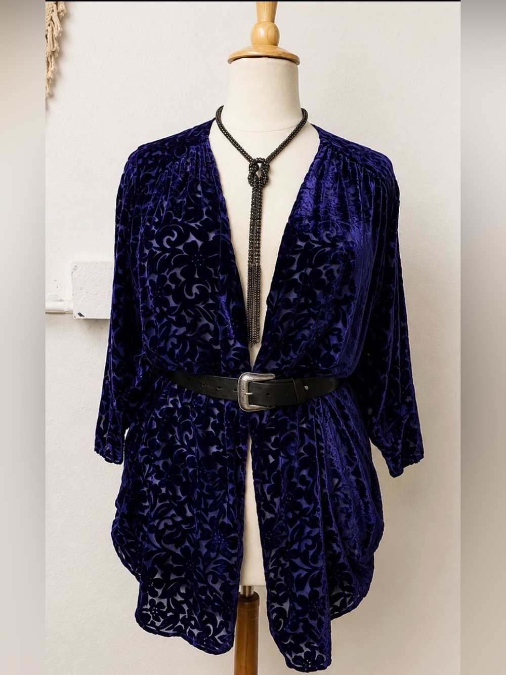 Vintage 90’s burnout velvet- Open-Front Duster Cardigan in Deep Blue/Purple